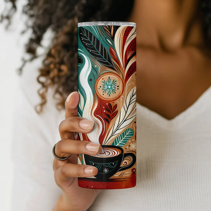 Artistic PNG tumbler wrap with swirling teal, brown, and cream winter tones