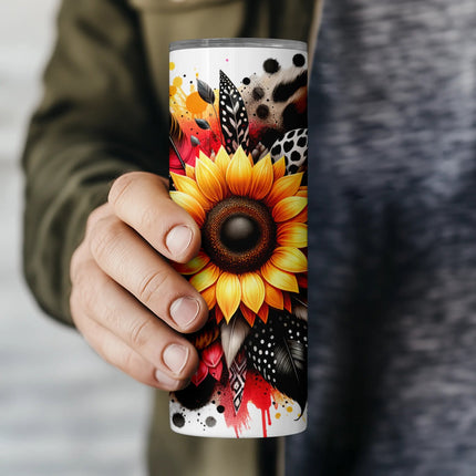 PNG sublimation design featuring sunflowers, feathers, and cheetah print for DIY tumbler gifts.