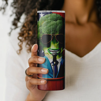 Printable tumbler wrap with funny presidential broccoli character – great for POD and DIY crafters.
