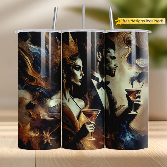 Elegant sublimation design of king and queen sipping martinis in gold swirl style for 20oz tumblers.