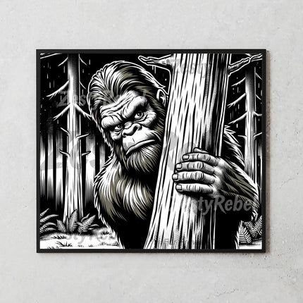 Black-and-white Sasquatch wrap for tumblers – rustic sublimation PNG.