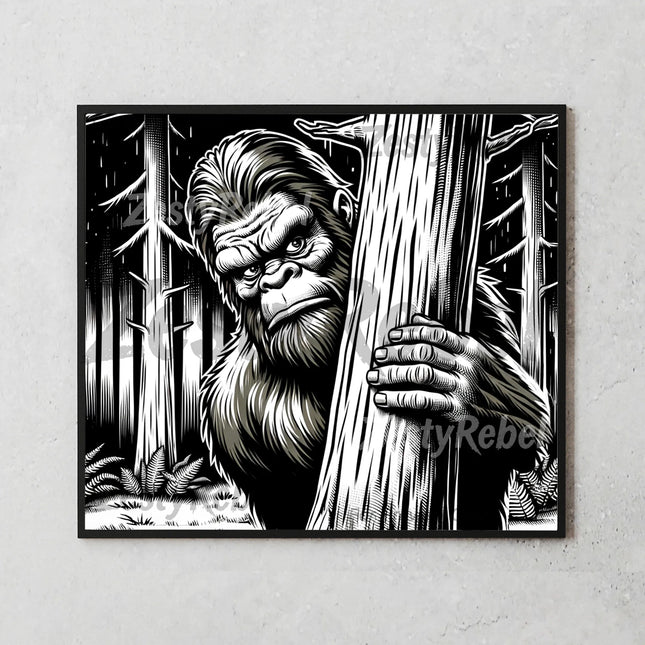 Black-and-white Sasquatch wrap for tumblers – rustic sublimation PNG.