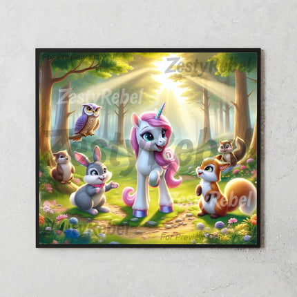 Digital PNG featuring magical unicorn and woodland friends in an enchanted forest – ideal for kids’ tumblers.
