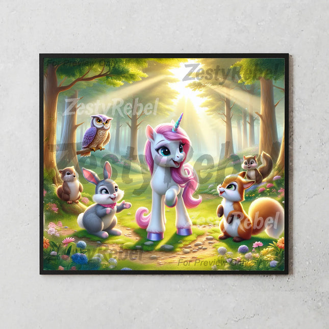 Digital PNG featuring magical unicorn and woodland friends in an enchanted forest – ideal for kids’ tumblers.