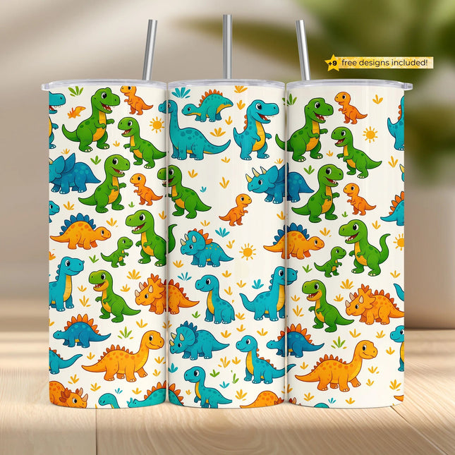 cute cartoon dinosaur tumbler wrap design for sublimation, colorful dinos perfect for kids DIY crafts and gifts