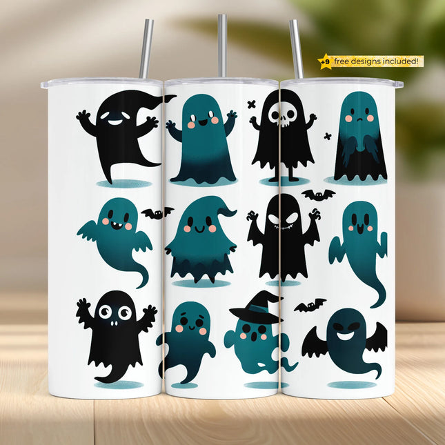 Tumbler wrap PNG with adorable spooky ghost characters in black and teal for sublimation projects.