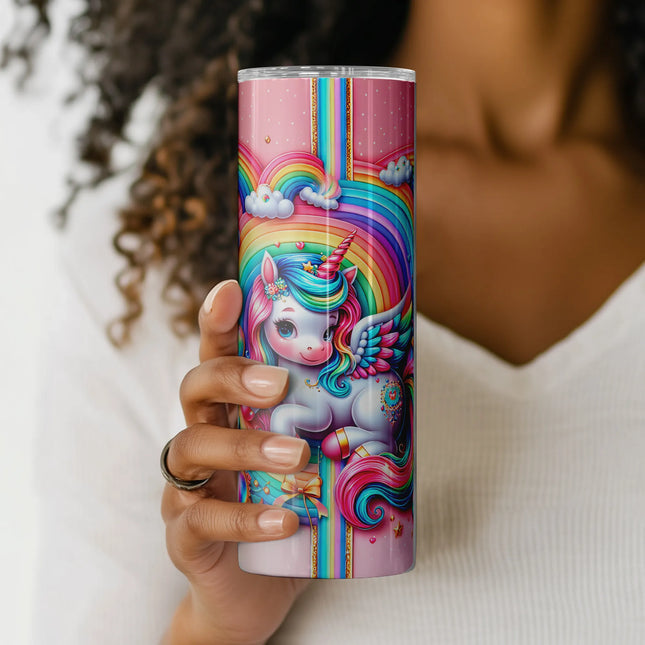 Kawaii pastel unicorn PNG for tumbler sublimation – includes stars, clouds, bows, and dreamy rainbow effects.