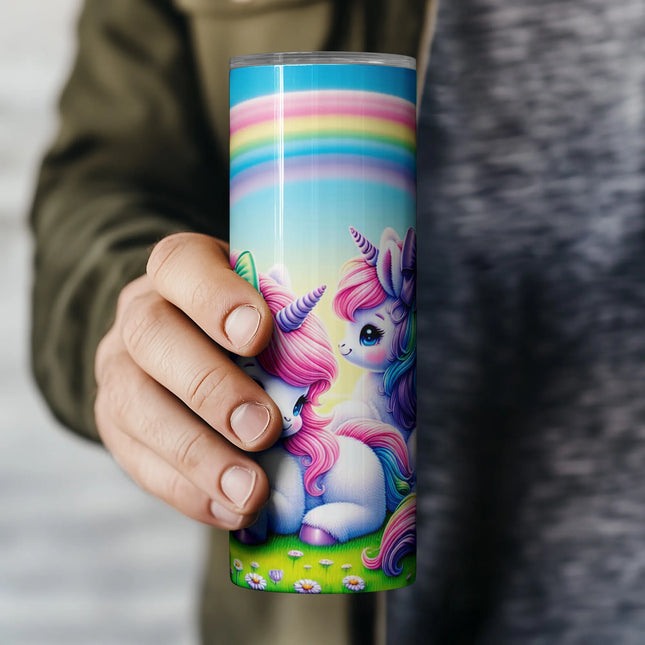 Adorable rainbow unicorns with big eyes and floral meadow, designed for DIY tumblers.