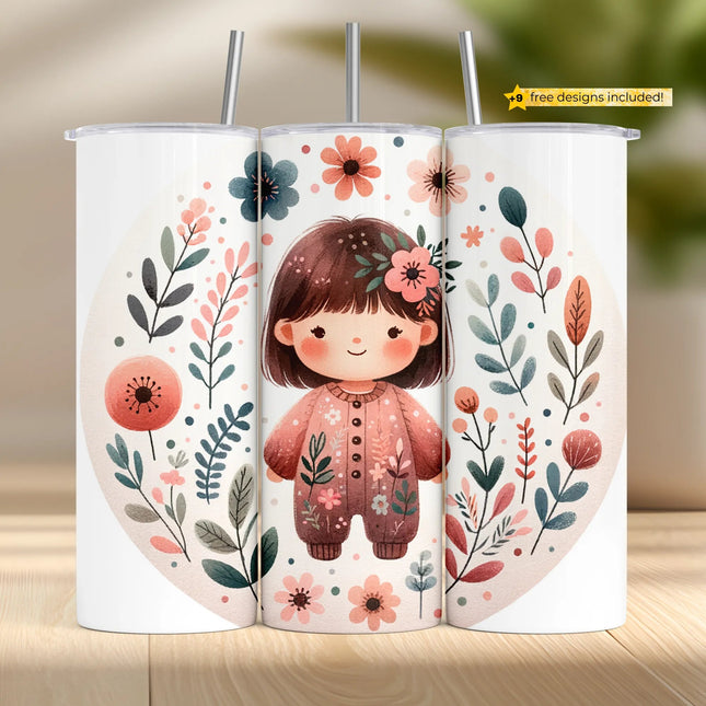 Whimsical girl tumbler wrap PNG with floral accents – kids sublimation design for crafting and digital download use