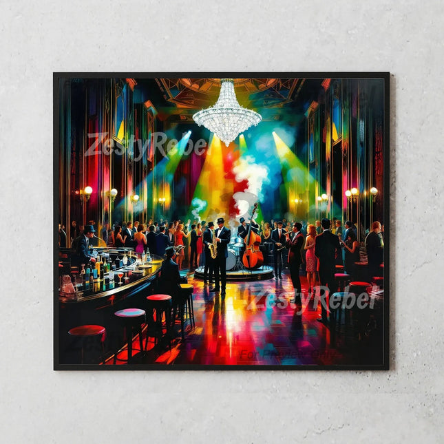 a group of people standing around a bar under a chandelier