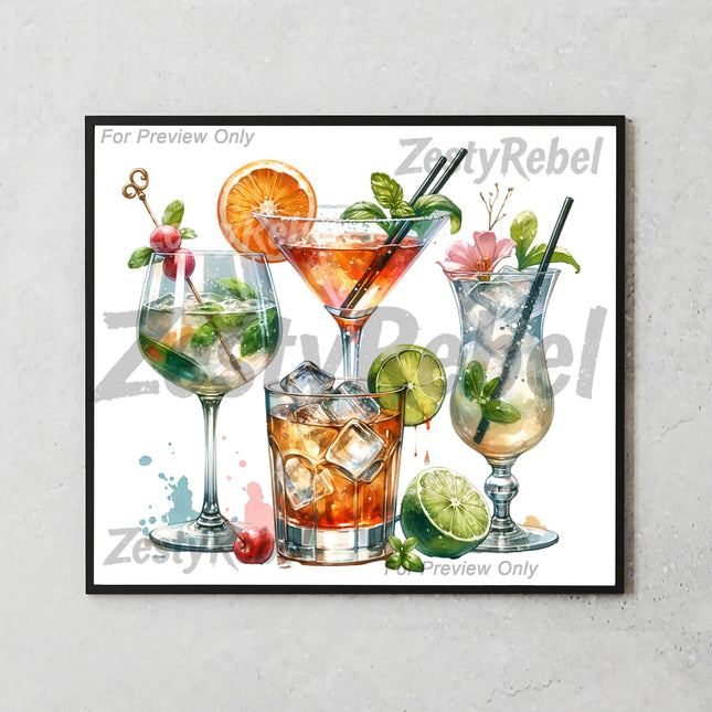 a painting of a variety of cocktails on a white background