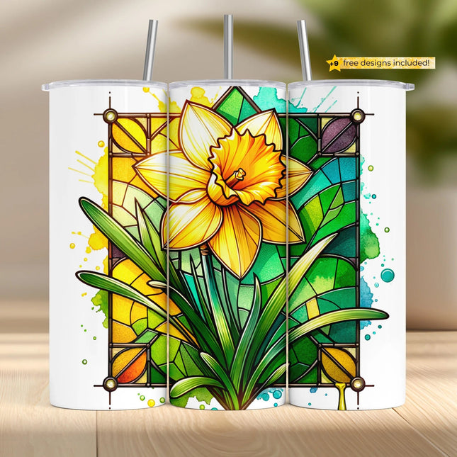Buy daffodil tumbler png – stained glass sublimation download with yellow spring floral design