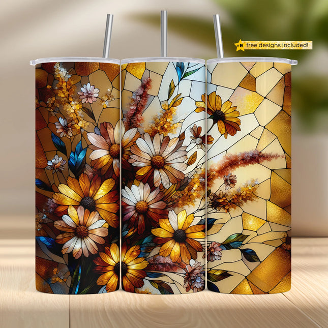 Buy daisy tumbler png – vintage stained glass floral sublimation design for drinkware