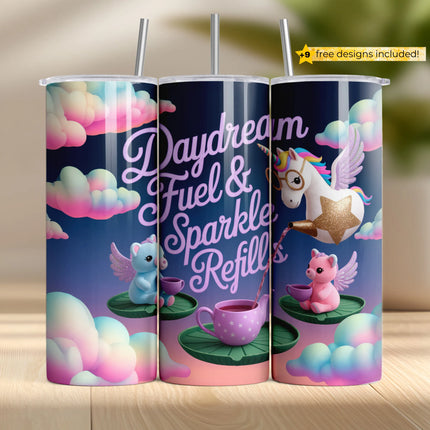 Cute unicorn pouring sparkle tea into pastel cups with winged ponies and dreamy clouds.