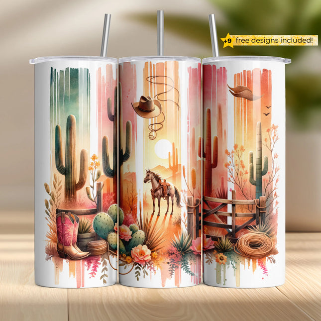 Tumbler wrap PNG design featuring horse, cacti, boots, and watercolor sunset – perfect for sublimation.
