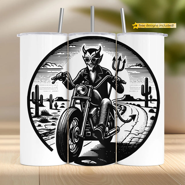 Buy devil rider tumbler png – retro horror motorcycle design for gothic sublimation downloads