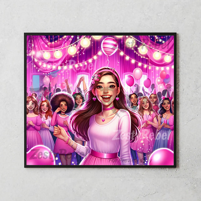 a painting of a girl surrounded by balloons