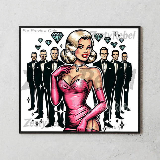 Vintage glam tumbler wrap featuring blonde bombshell and sparkling diamonds.