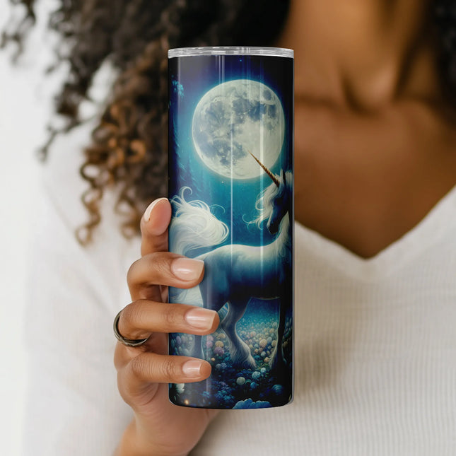 Enchanted white unicorn and moon scene for 20oz tumbler sublimation, ideal for DIY creators and magical gifts.