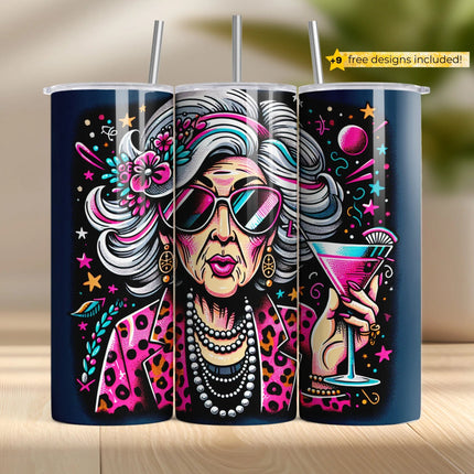 Buy diva glam tumbler png for sublimation – retro sassy woman design with cocktail and pink flair