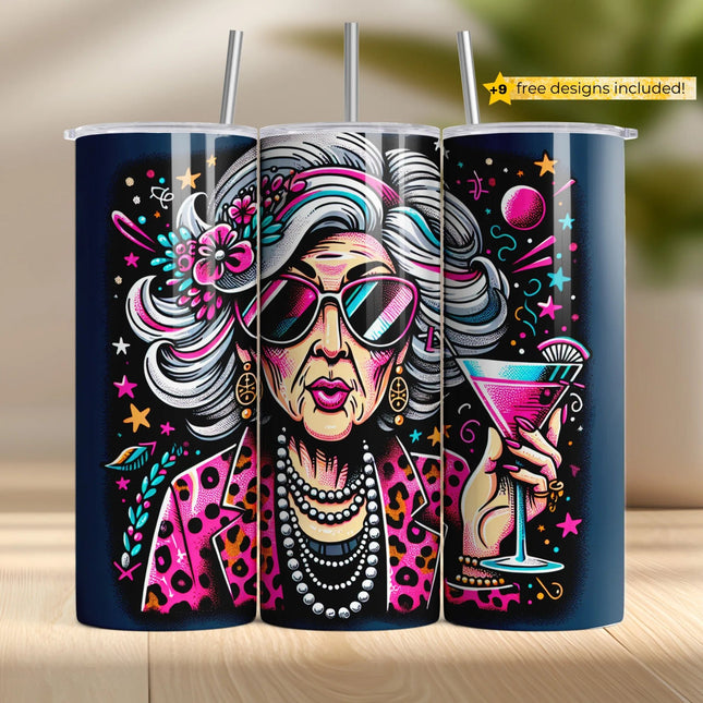 Buy diva glam tumbler png for sublimation – retro sassy woman design with cocktail and pink flair