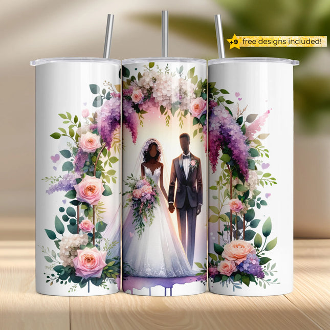 Elegant tumbler wrap PNG with Black bride and groom standing beneath pink and purple flower arch.