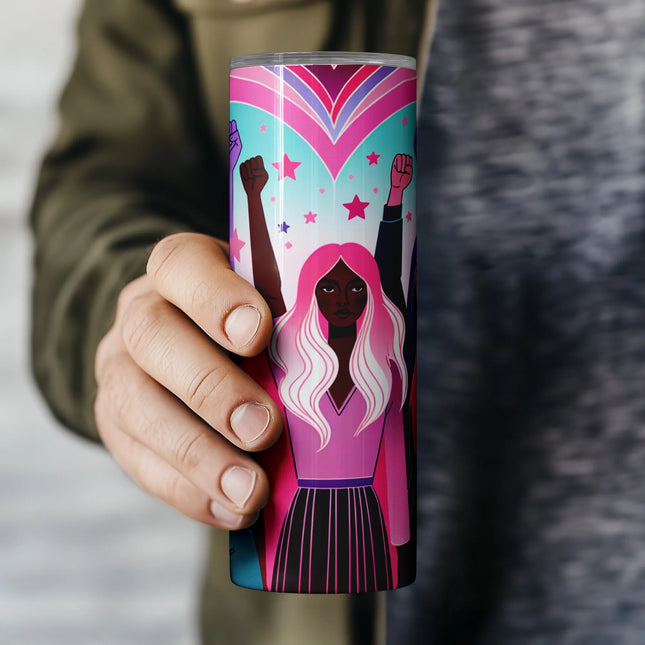 Feminist sublimation tumbler wrap with women of color, raised fists, and retro heart designs – ideal for crafters.