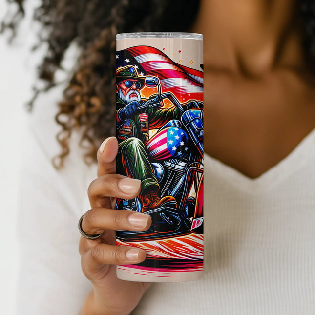 Bold 20oz wrap design featuring a USA-themed motorcycle and rider for patriotic crafts.