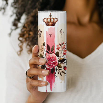 Crowned rose floral tumbler design perfect for Christian gifts, handmade drinkware, and POD.