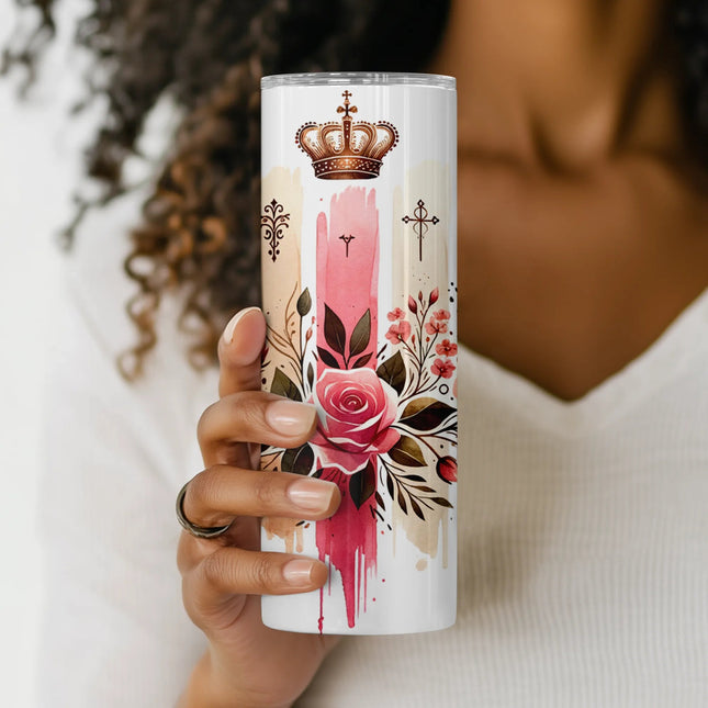 Crowned rose floral tumbler design perfect for Christian gifts, handmade drinkware, and POD.