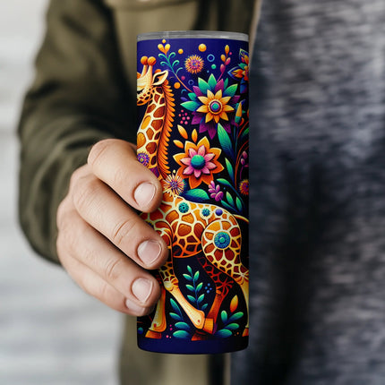 Bright tumbler wrap design with intricate boho flowers and giraffe for DIY and print-on-demand.