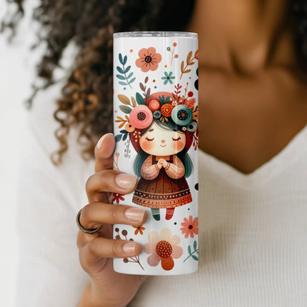 300 DPI printable wrap with whimsical flower girl, ideal for crafting sublimation tumblers.