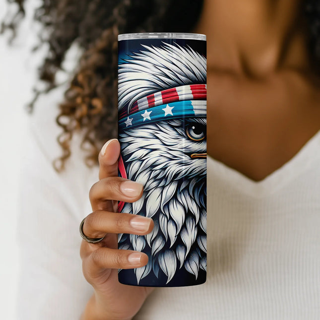 High-res eagle tumbler wrap design with feathers, stripes, and stars for crafters and POD.