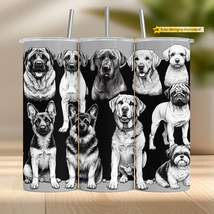 Black and white dog portrait tumbler wrap PNG featuring hand-drawn pet breed illustrations.