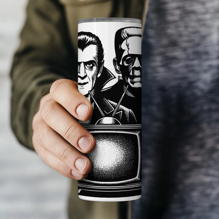 Printable PNG with horror legends and a retro television, crafted for 20oz skinny tumbler sublimation.