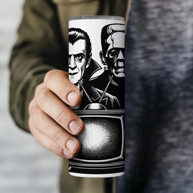 Printable PNG with horror legends and a retro television, crafted for 20oz skinny tumbler sublimation.
