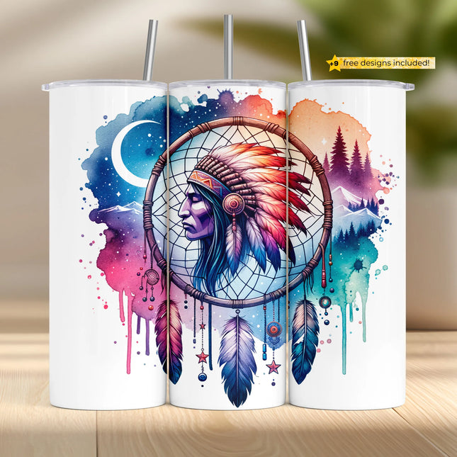 Buy dreamcatcher tumbler png with feathers and watercolor – perfect sublimation wrap for POD drinkware