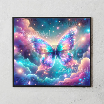 Vibrant butterfly with cosmic clouds and stars, perfect sublimation PNG for DIY and print-on-demand.