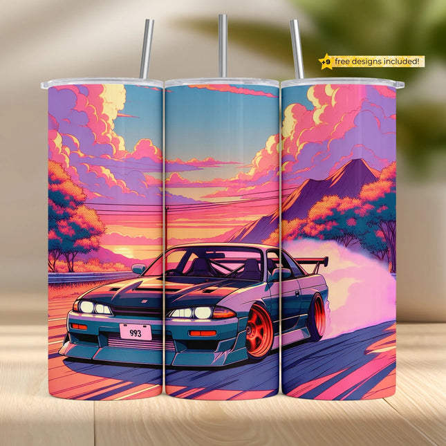 Retro drift car tumbler wrap with a neon sunset and bold street racing scene.