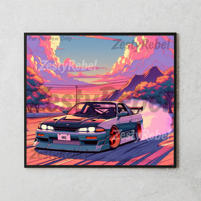 Mockup of a 20oz skinny tumbler featuring a high-speed drift car design against a vibrant sunset.