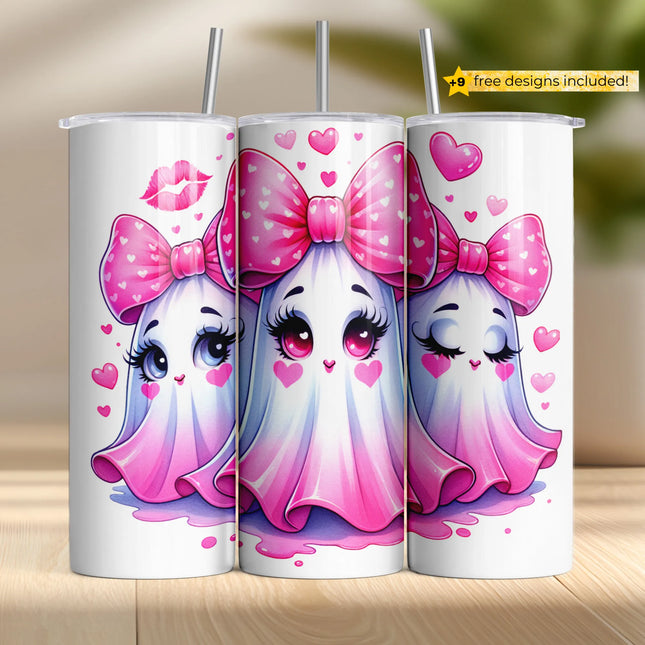 three coffee cups with pink bows and hearts on them