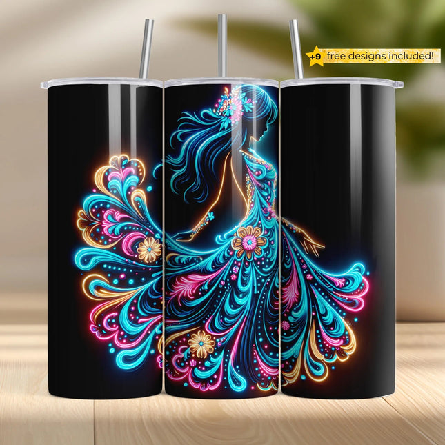 a set of three black tumblers with a colorful peacock on them