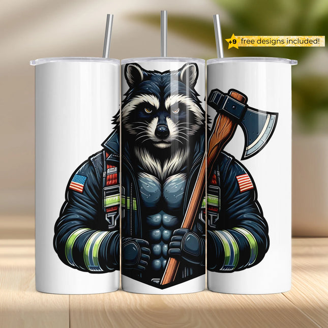 two mugs with a raccoon wearing a fireman's uniform and