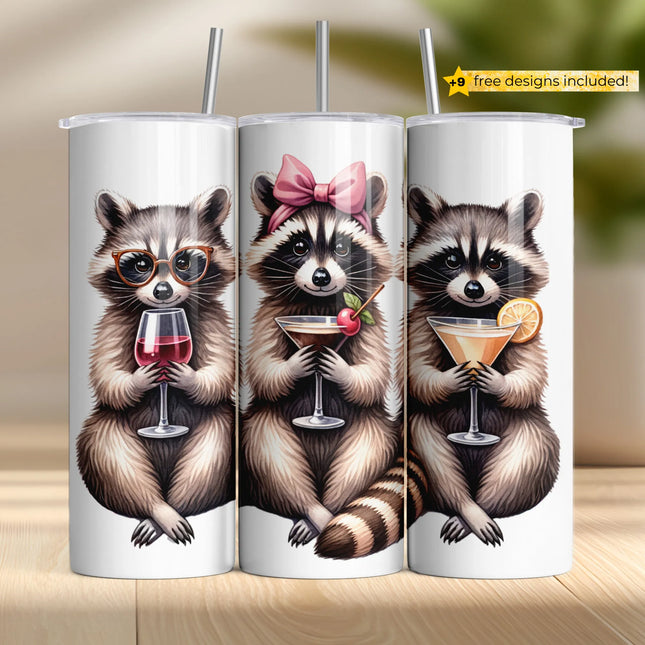 three raccoons with glasses of wine and a bow tie