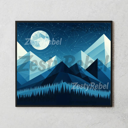 a painting of a mountain scene with a full moon