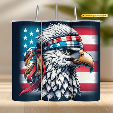 Bold patriotic bald eagle wearing USA headband on tumbler wrap for 20oz sublimation projects.