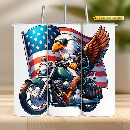Bold patriotic tumbler wrap with a bald eagle in leather on a motorcycle in front of the American flag.