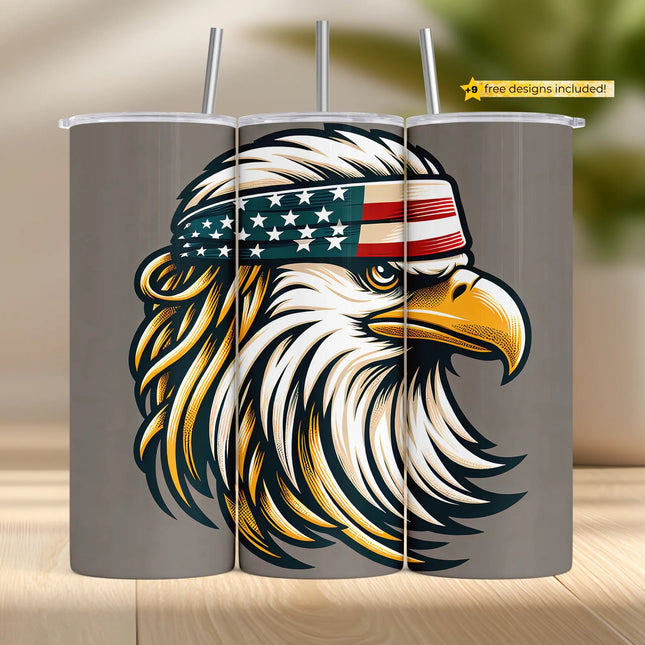 Patriotic tumbler sublimation wrap PNG with bald eagle and U.S. flag bandana – digital download for DIY crafting and POD.