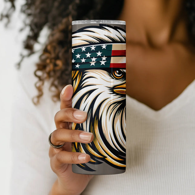 Close-up detail of eagle’s face, feathers, and flag bandana in this bold patriotic sublimation wrap PNG.