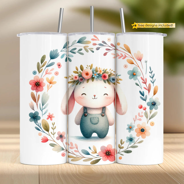 Cute bunny in teal overalls with floral crown and pastel spring wreath for sublimation tumbler